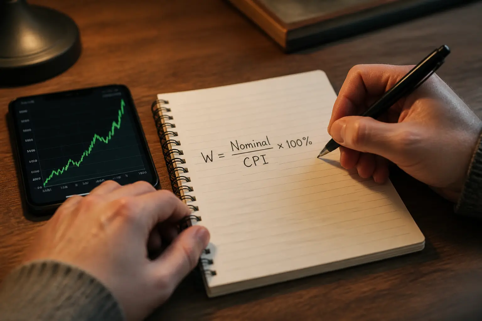 Рука записывает формулу реальной зарплаты рядом со смартфоном с графиком цен