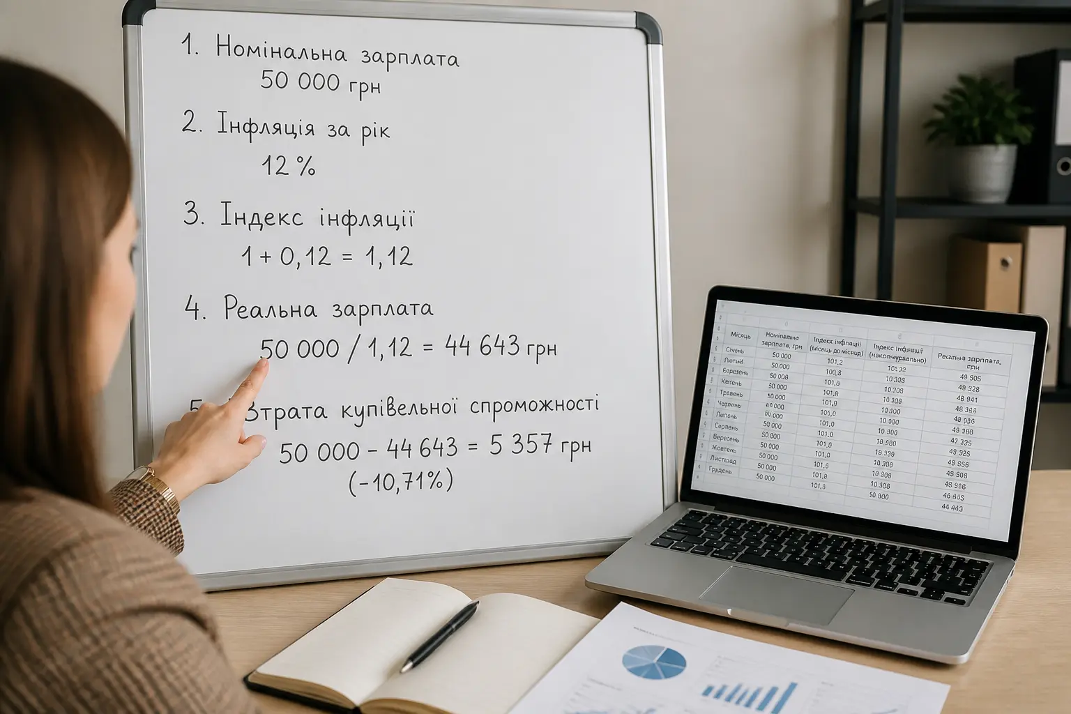 Человек объясняет пошаговый расчет реальной зарплаты на доске