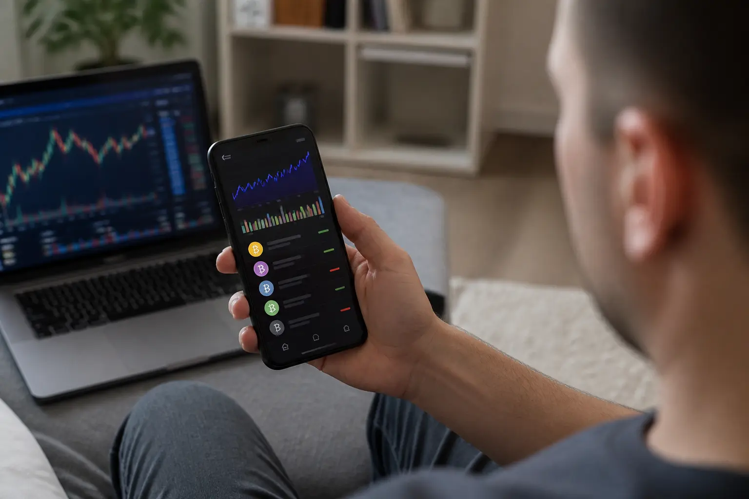 Користувач переглядає криптогаманець на смартфоні вдома