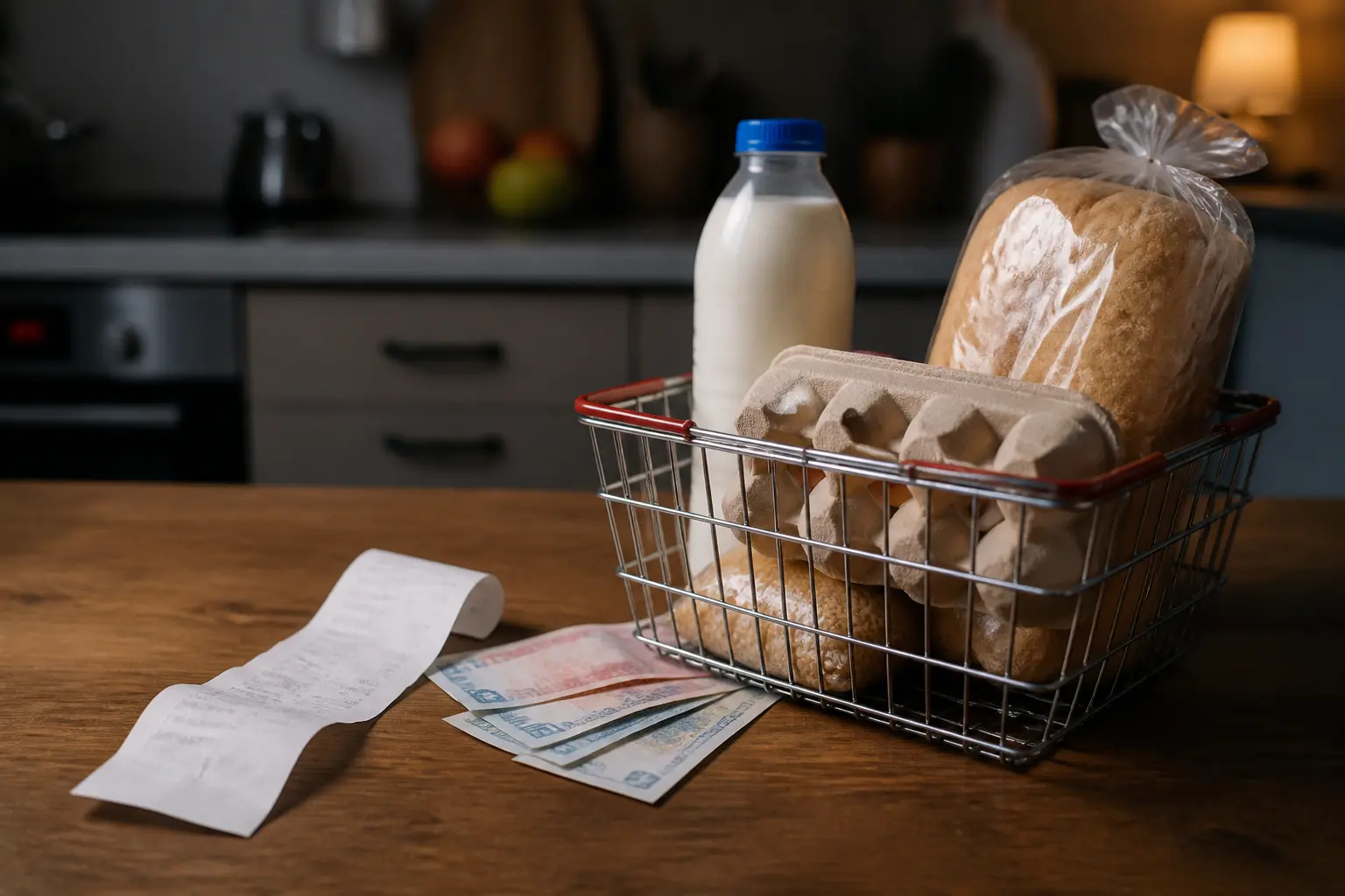 Кошик із базовими продуктами та гроші на кухонному столі
