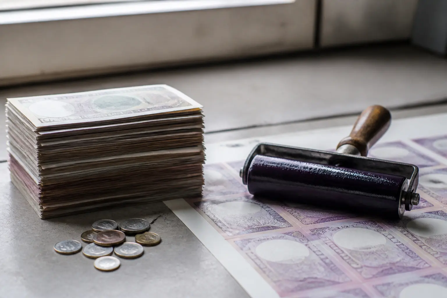 Банкноти, монети та фарбовий валик для друку грошей на столі
