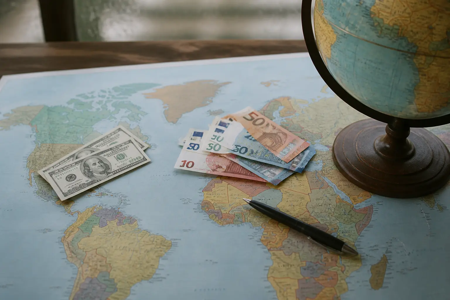 Банкноти євро та долари на карті світу як символ різних платіжних маршрутів