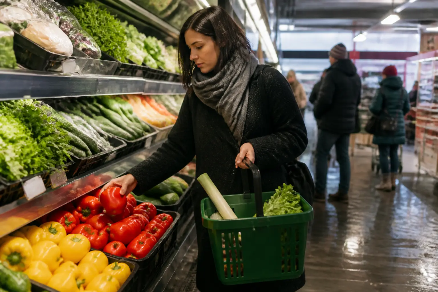 Покупчиня обирає продукти в супермаркеті