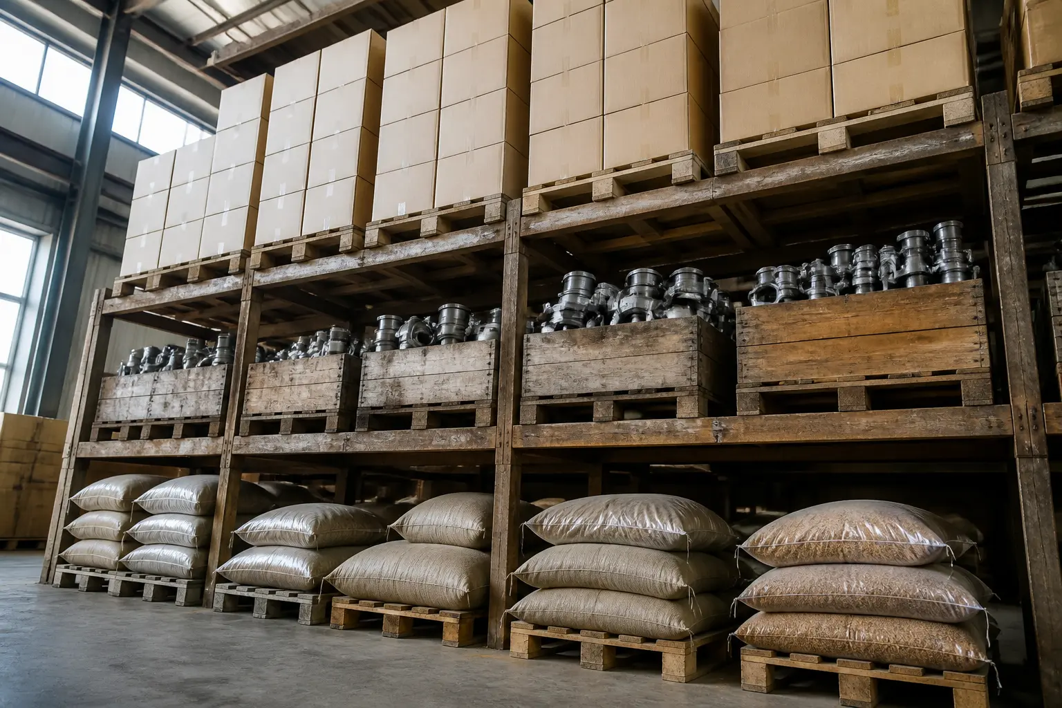 Товары разной степени переработки на складе, от сырья до готовой продукции