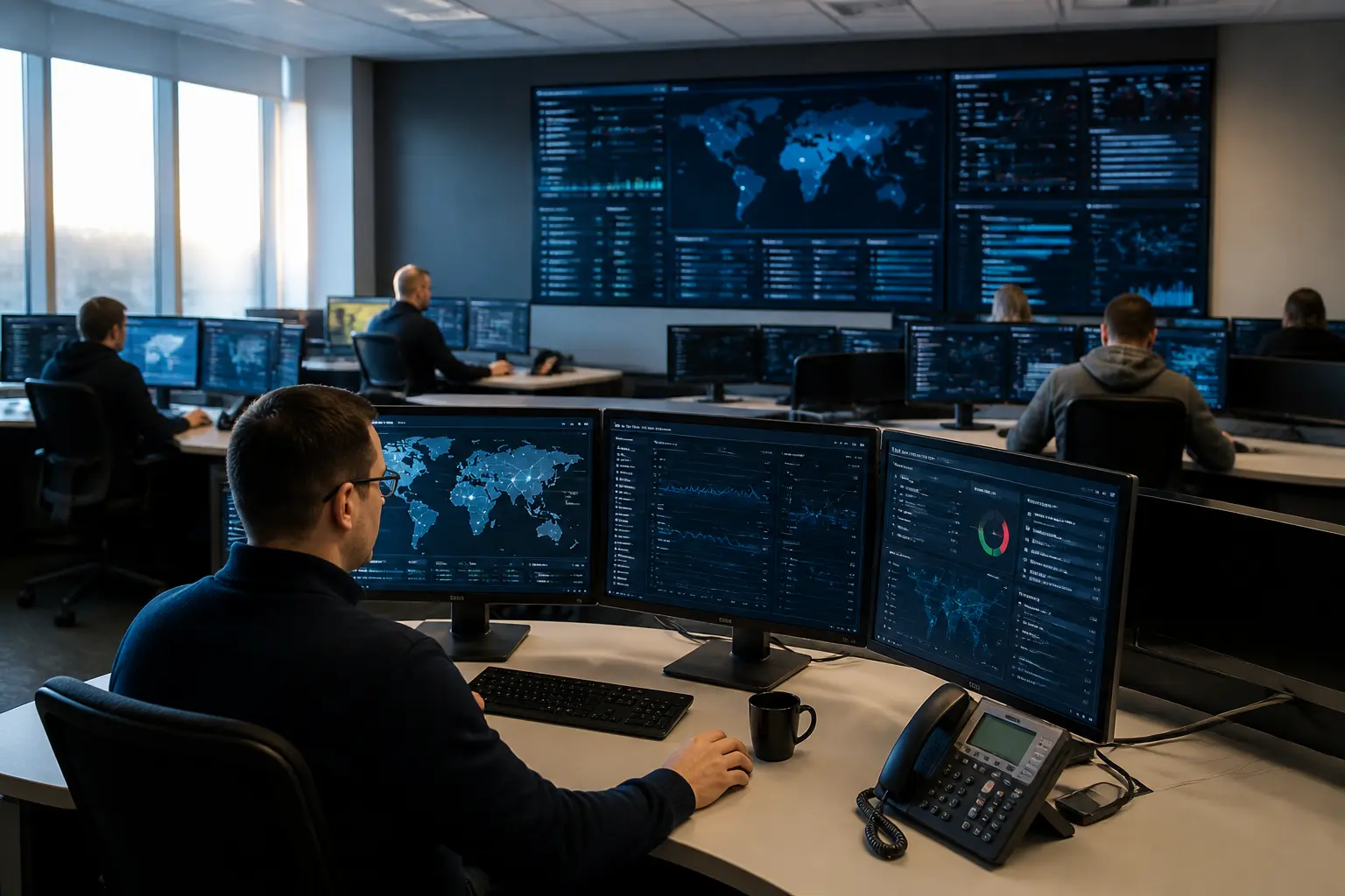 Аналітики в центрі операцій кібербезпеки за моніторами