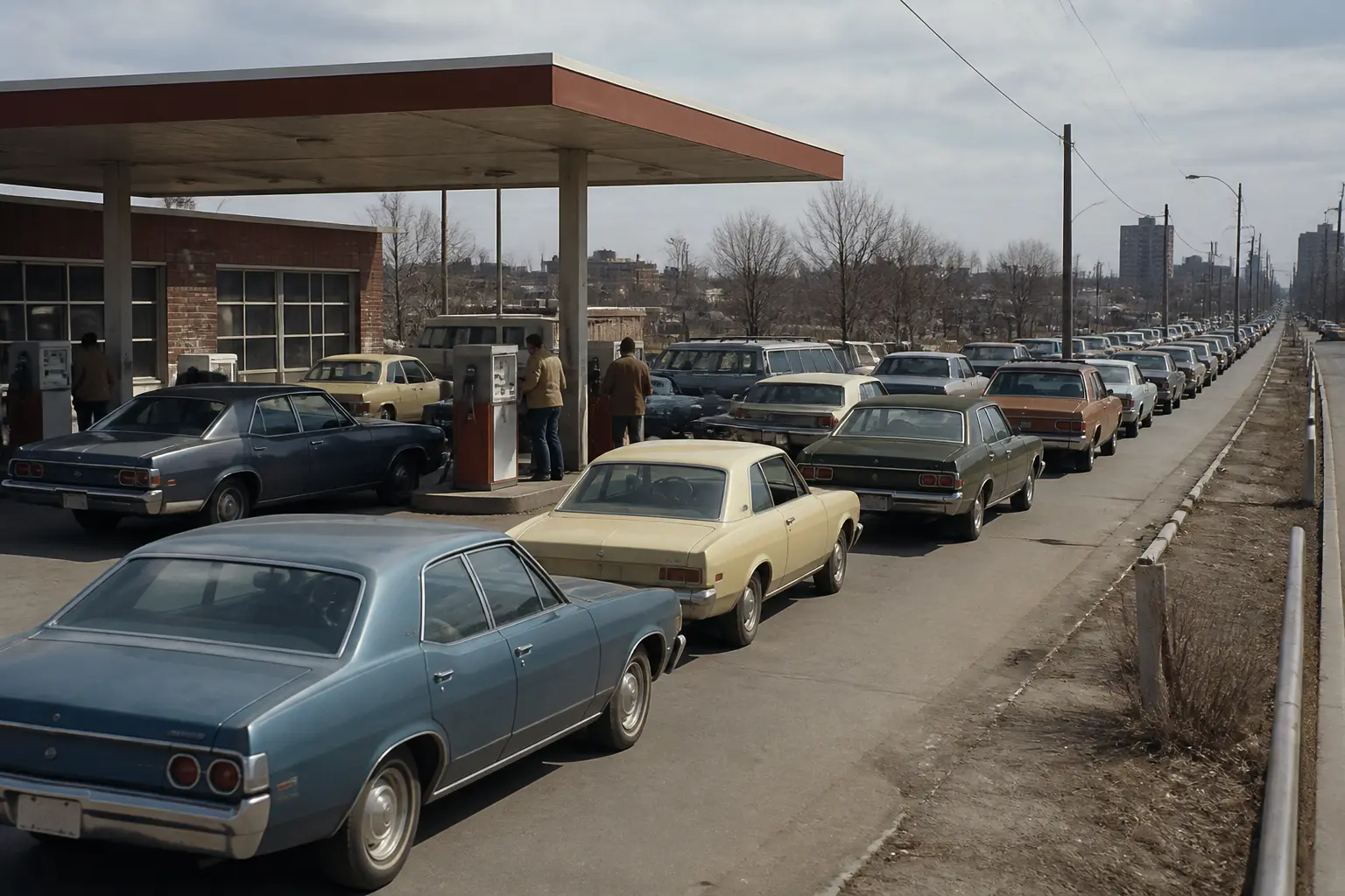 Черга ретро-автомобілів 1970-х років біля заправки під час нафтової кризи