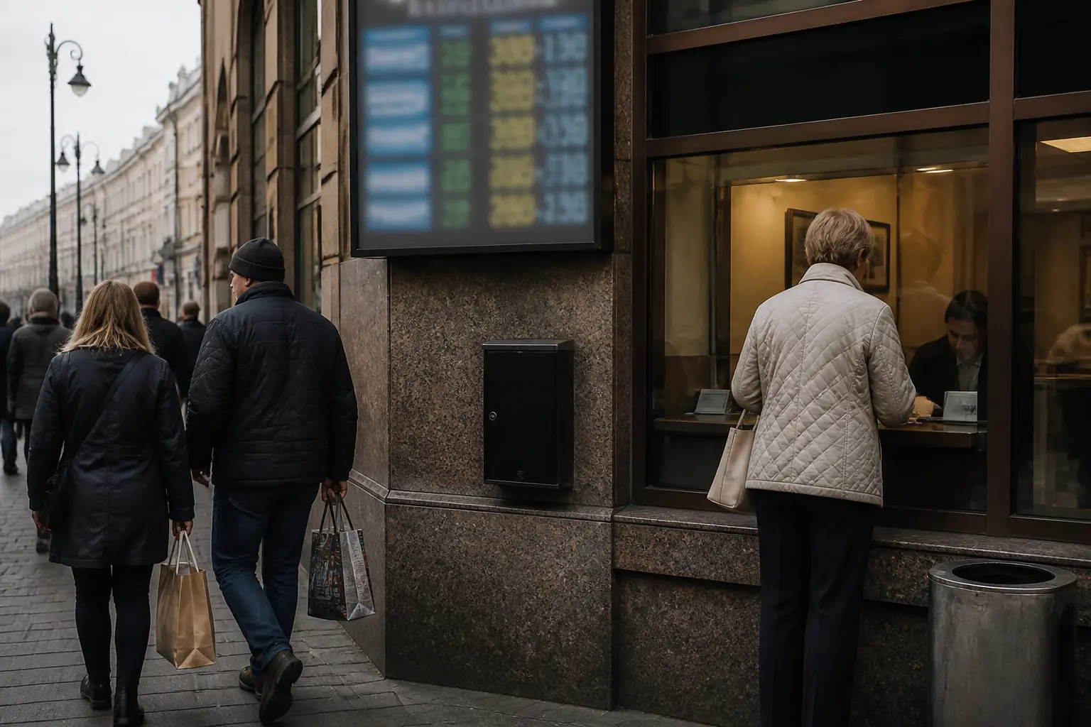 Люди проходять повз обмінний пункт — вплив рейтингу на курс валюти