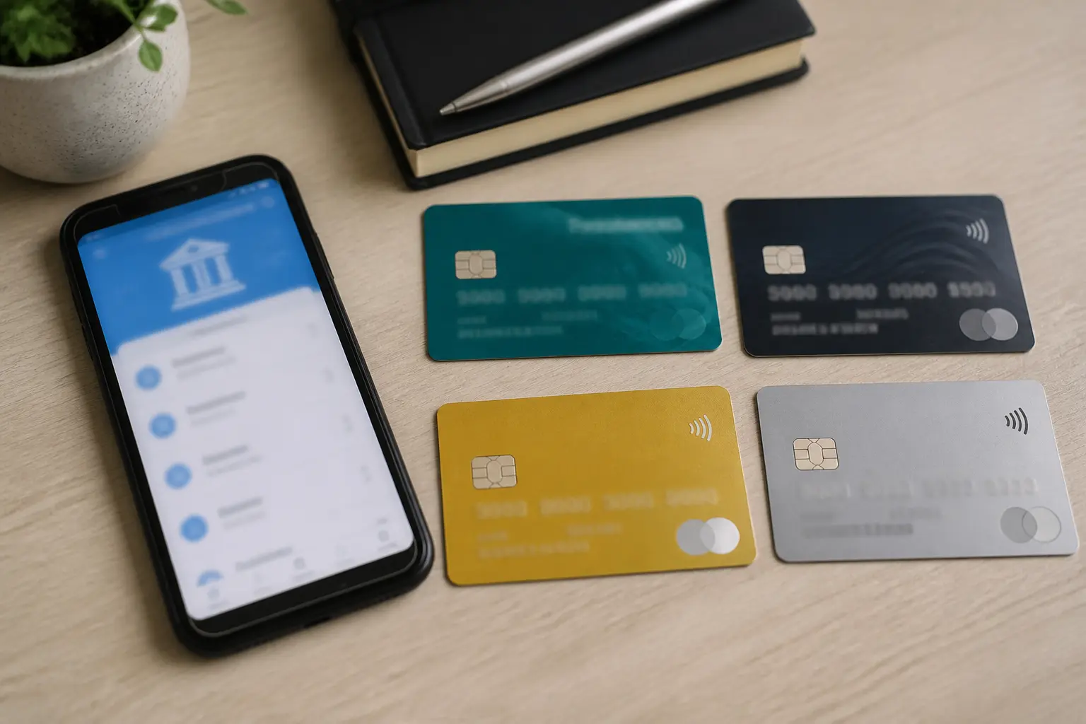Банківські картки та смартфон із застосунком для переказів