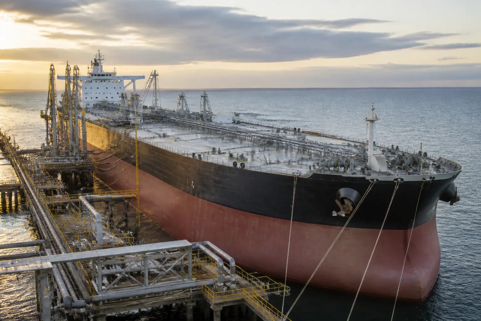 Супертанкер VLCC біля нафтового терміналу під час завантаження