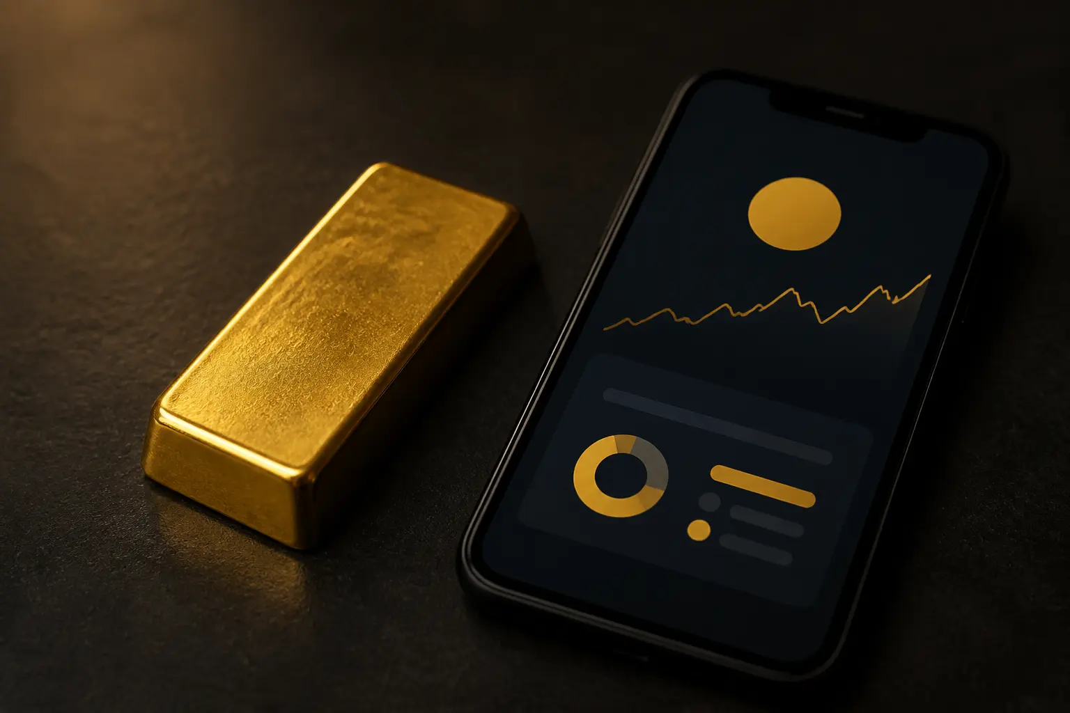 Золотой слиток рядом с цифровым кошельком на смартфоне