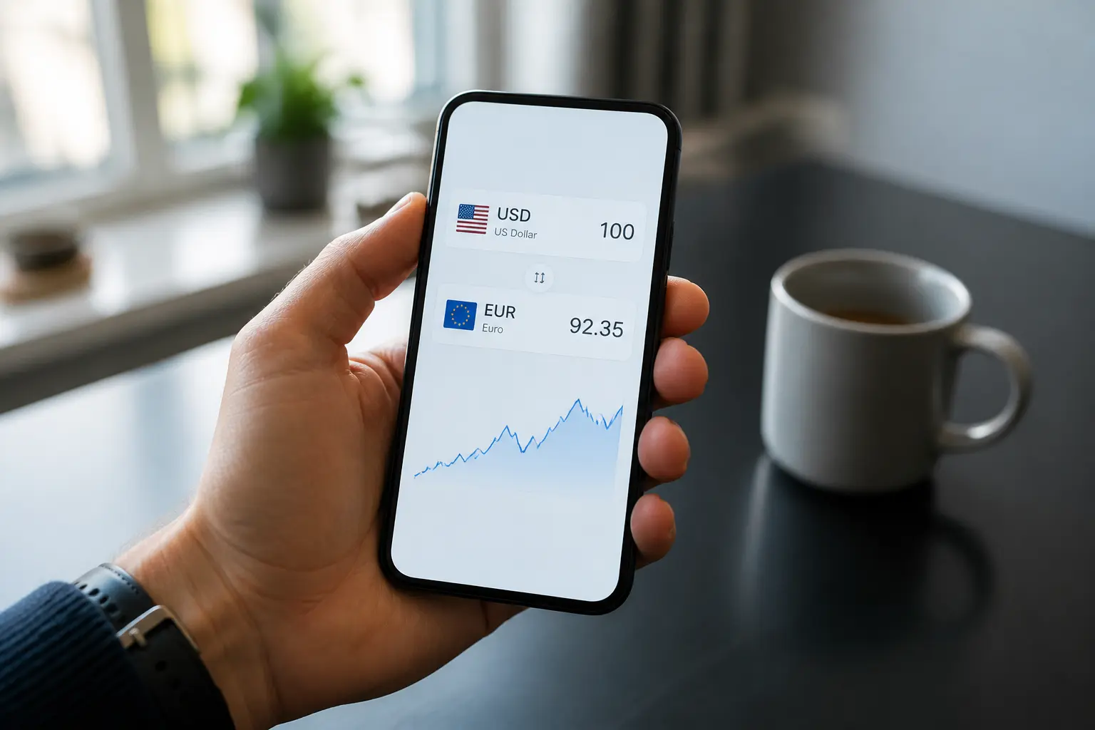 Смартфон з валютним калькулятором у руці
