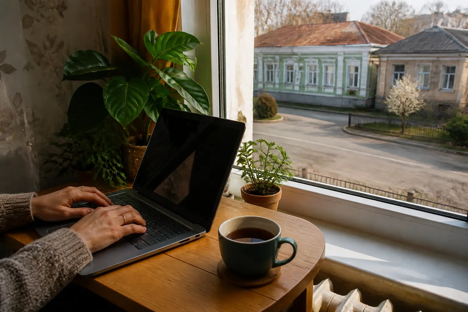 Людина працює віддалено в затишній орендованій квартирі малого міста