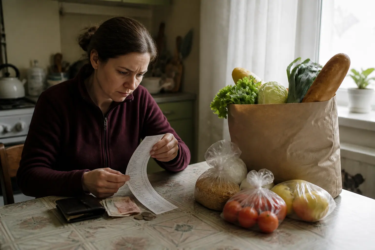 Продукти, чек і гаманець на кухонному столі як ілюстрація вартості життя
