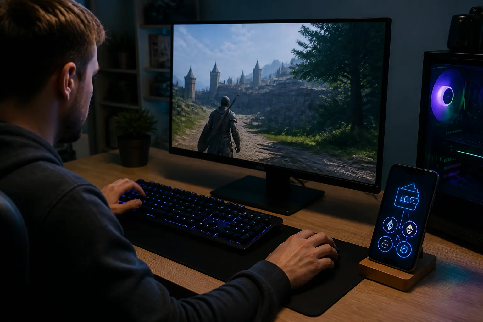 Гравець за комп'ютером із криптогаманцем на смартфоні — так працює web3 gaming