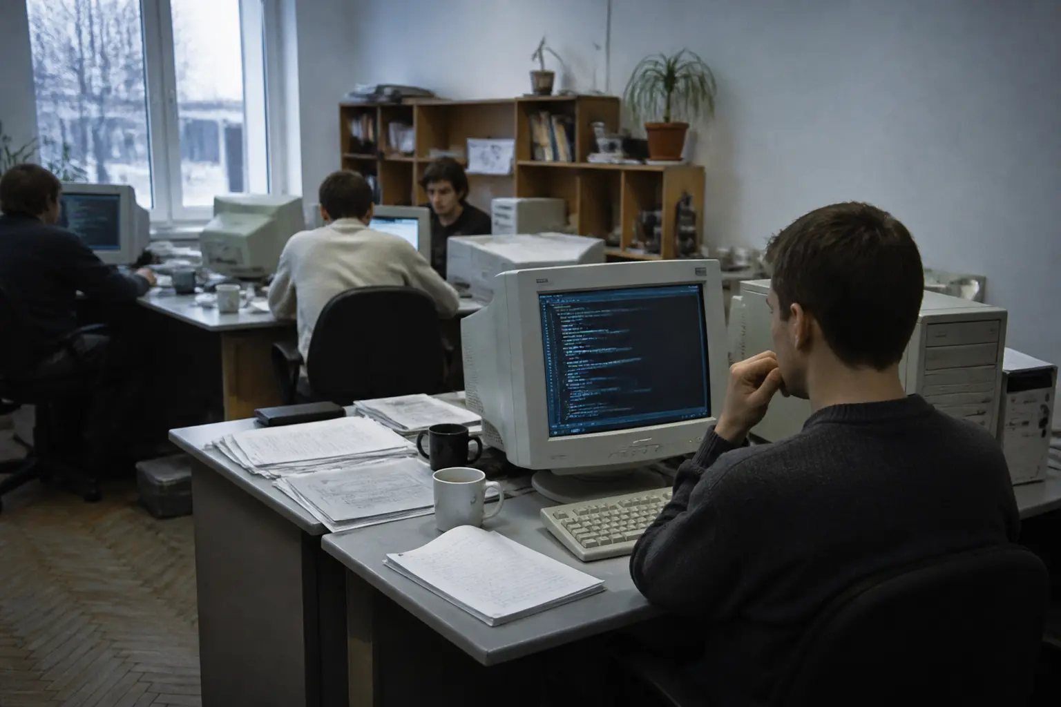 Невелика команда розробників у офісі початку 2000-х років