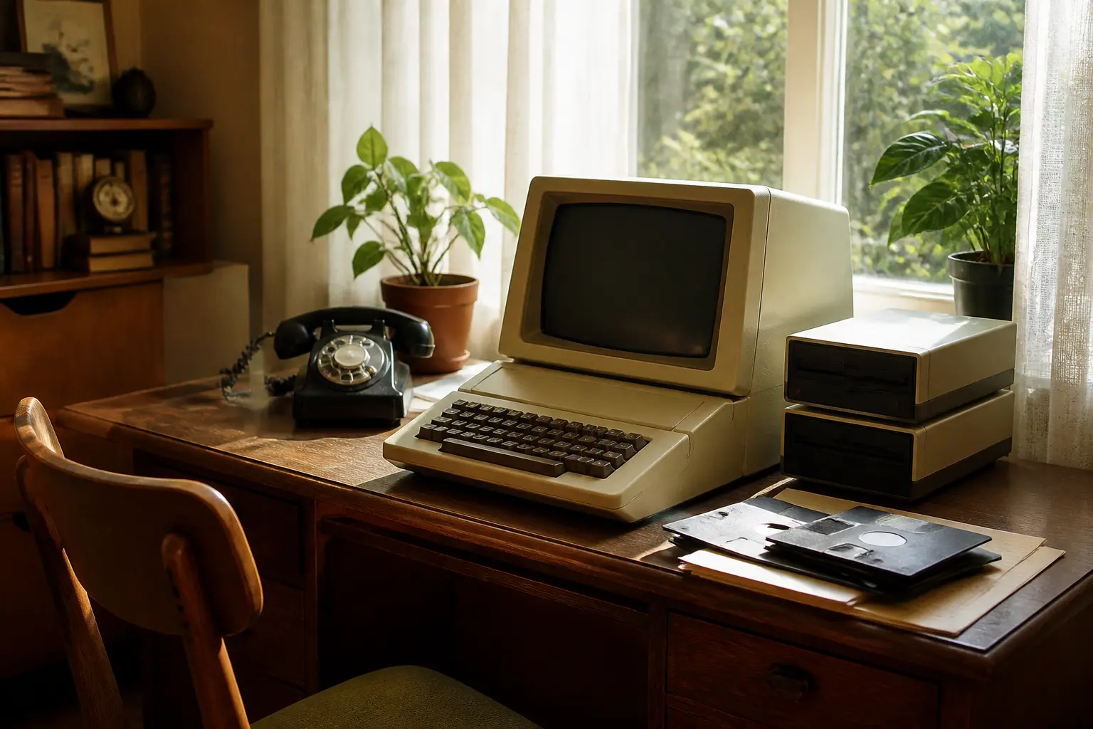 Домашний офис 1970-х с компьютером Apple II и дискетами