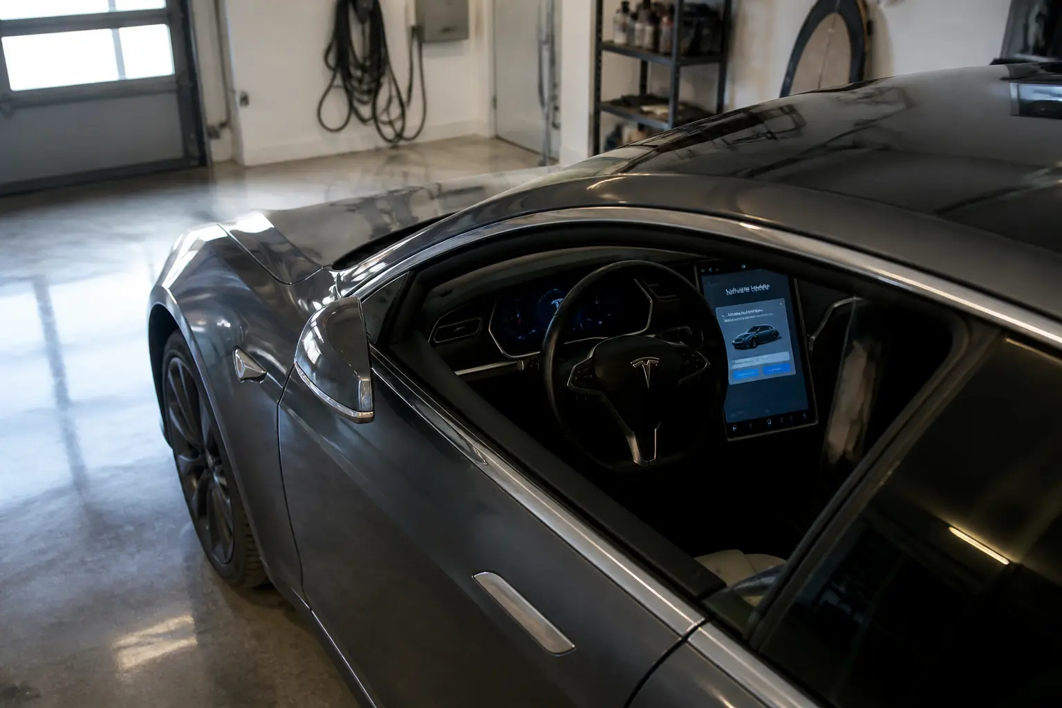 Tesla Model S с уведомлением об обновлении программного обеспечения