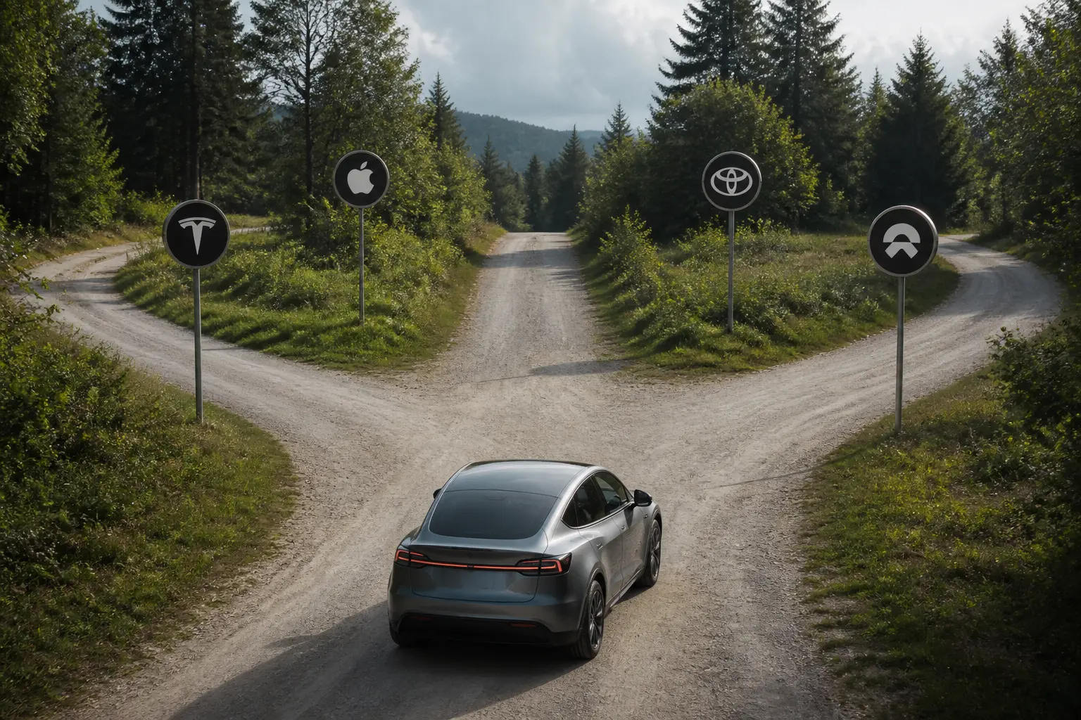 Перекресток автомобильного рынка с логотипами Tesla, Apple, Toyota, NIO