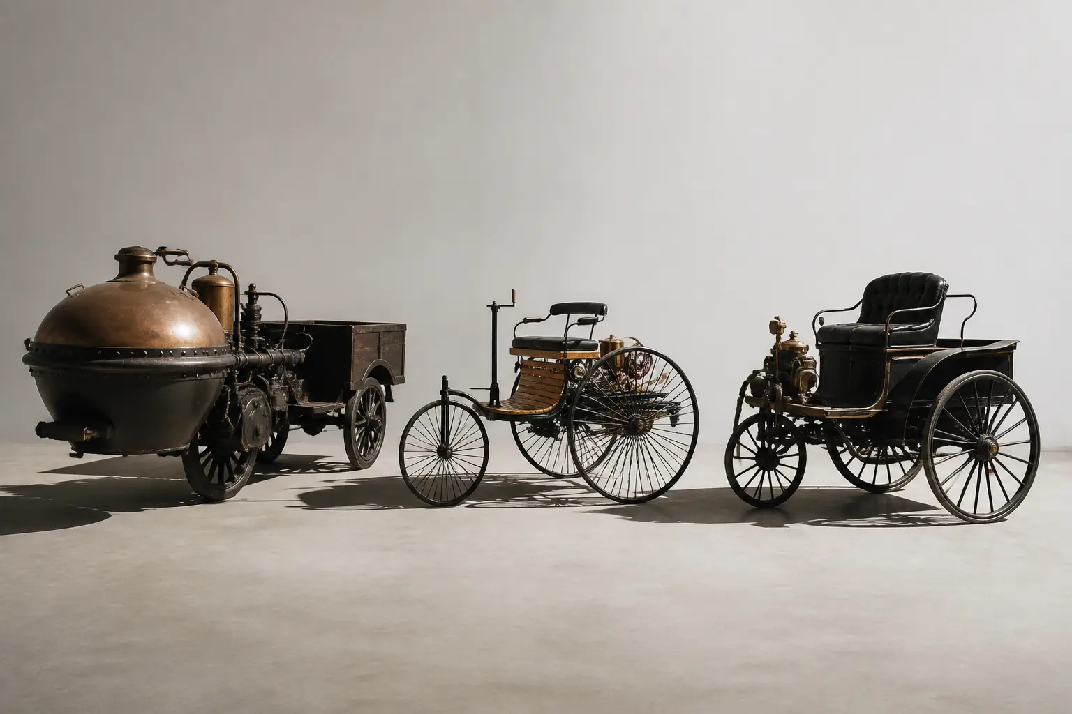 Ранние прототипы автомобилей: паровой повозка Кюньо, Benz Patent-Motorwagen и экипаж Даймлера