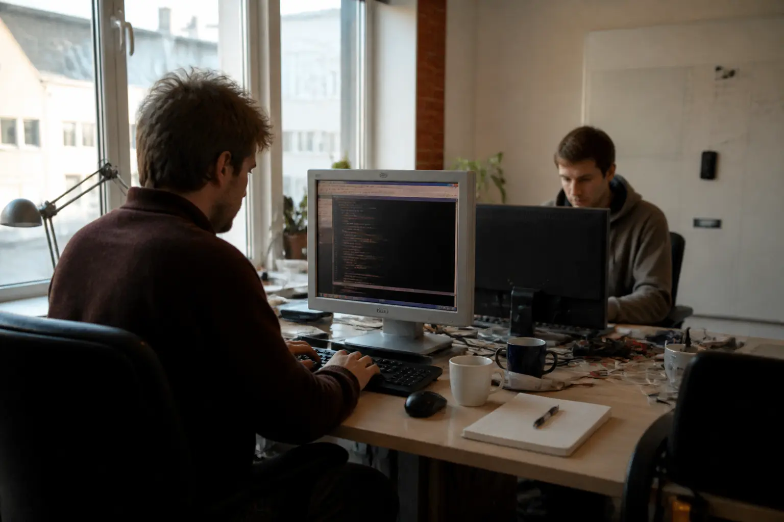Двое разработчиков работают в небольшом офисе стартапа