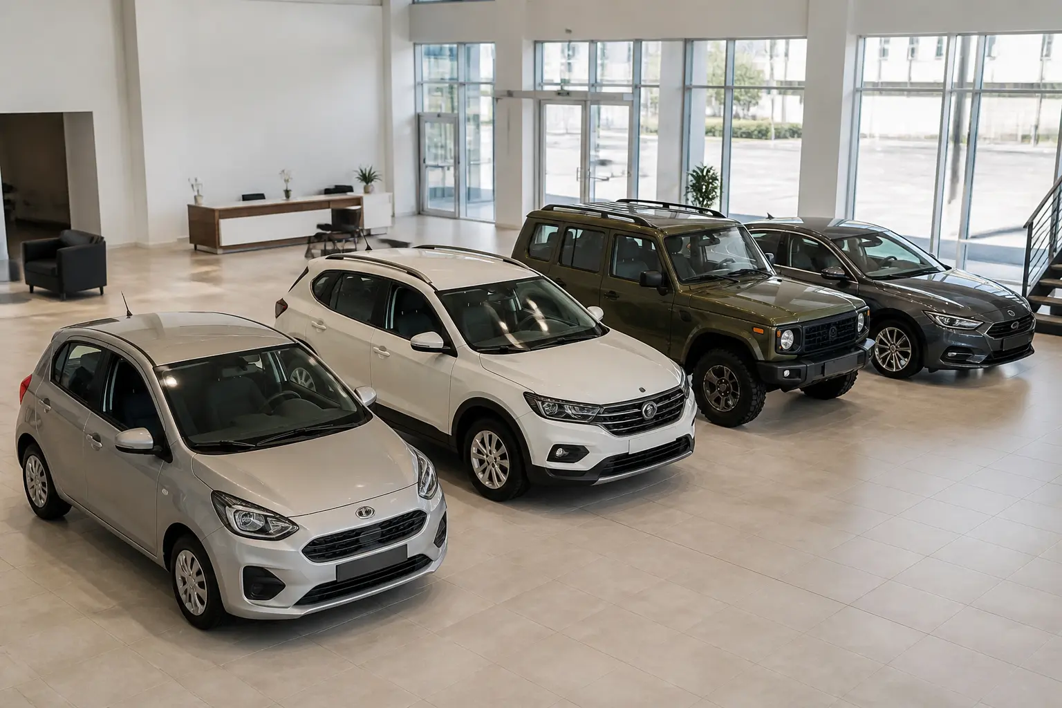 Різні класи автомобілів у сучасному автосалоні
