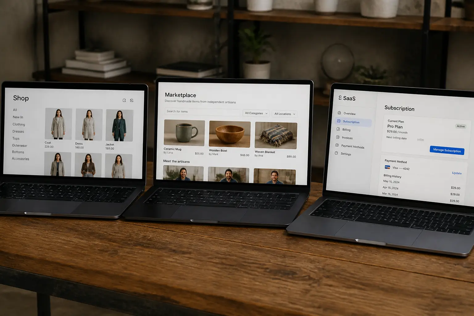 Колаж із прикладами використання Stripe: магазин, маркетплейс, підписка