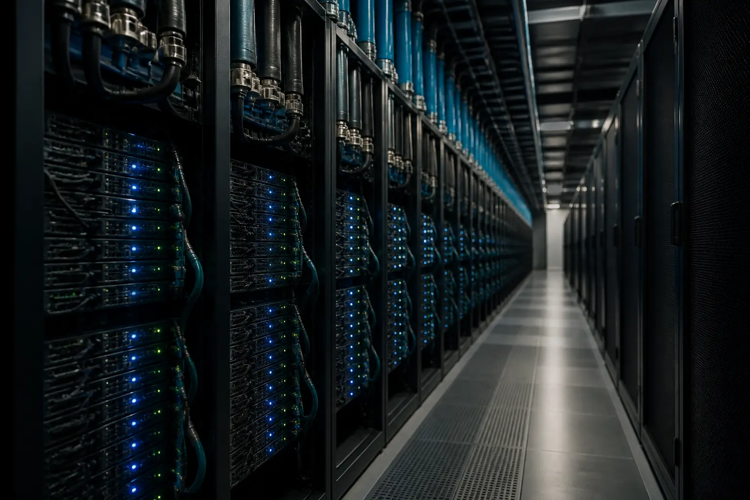 Стійки з GPU-серверами та рідинним охолодженням у дата-центрі