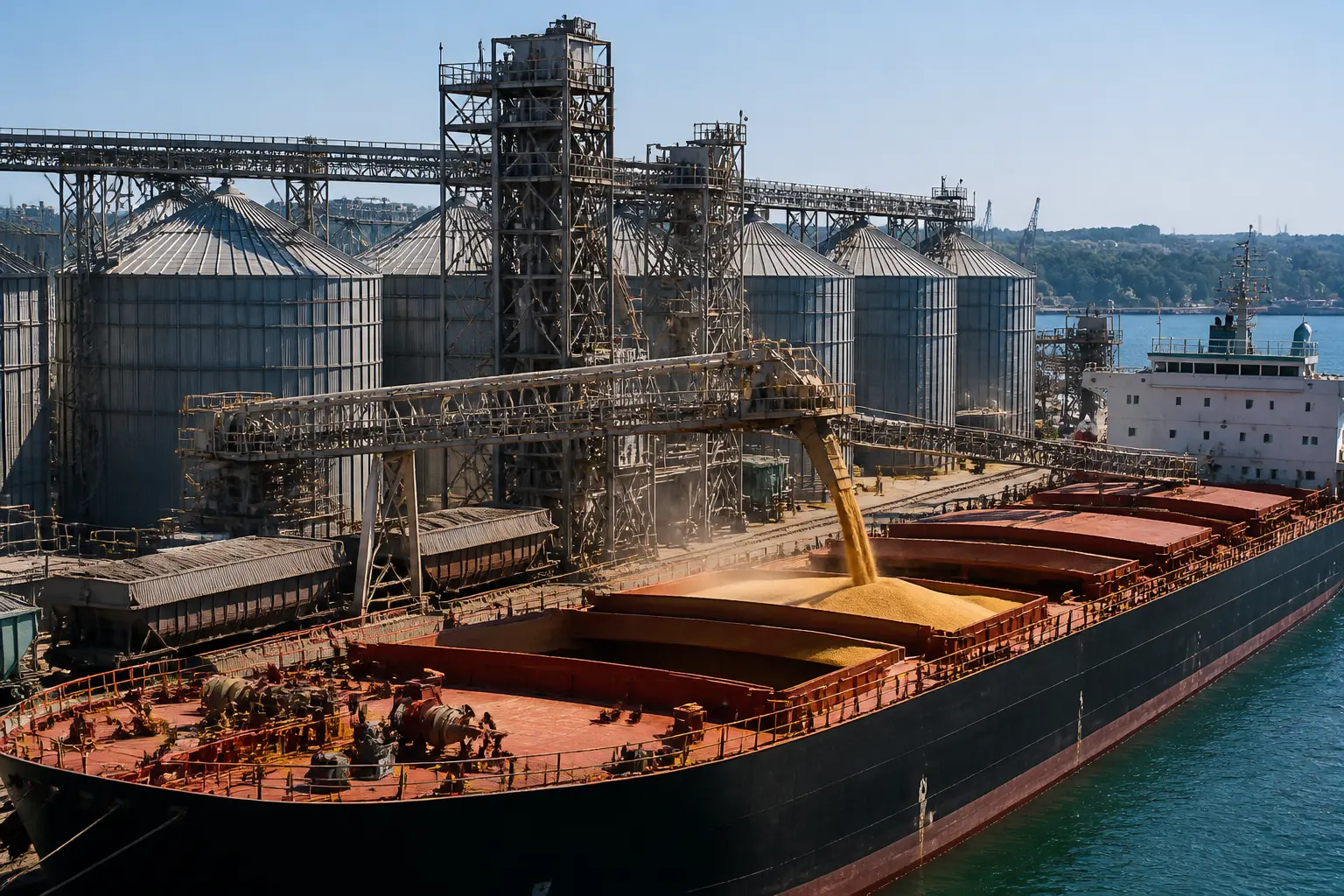 Глубоководный зерновой терминал с погрузкой балкера кукурузой
