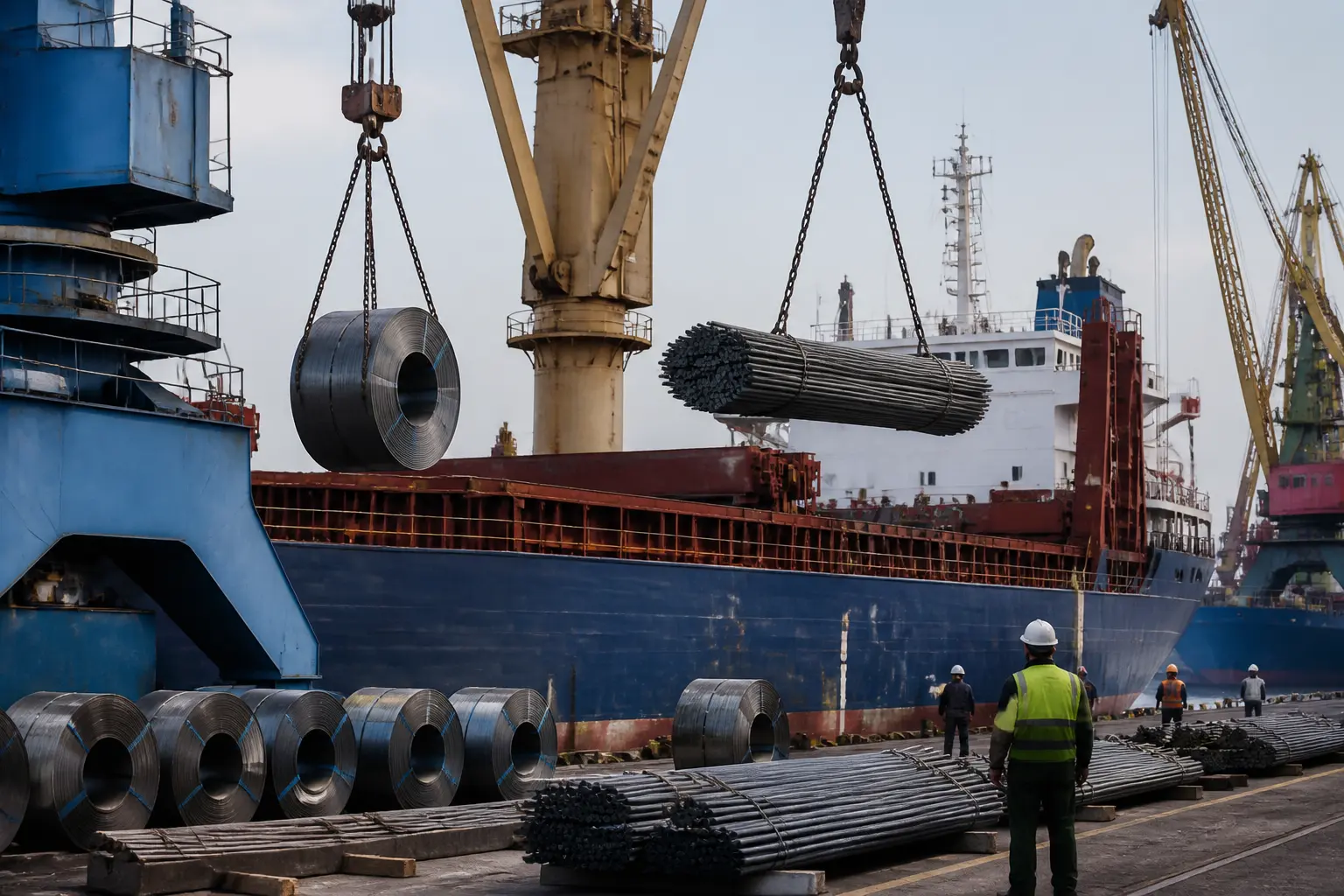 Завантаження сталевих рулонів на вантажне судно в морському порту