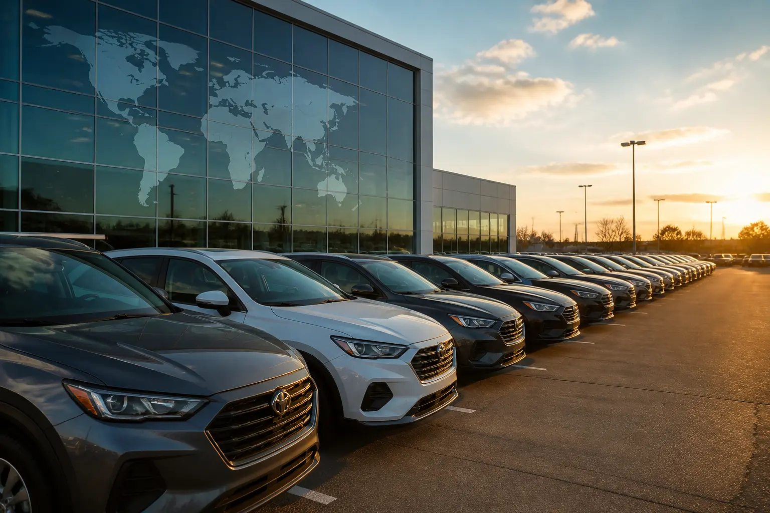 Ряды новых автомобилей на дилерской площадке