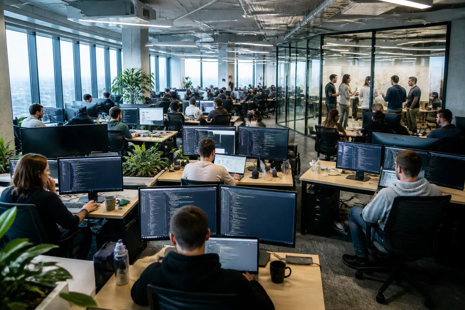 Большой современный офис IT-компании с командами разработчиков