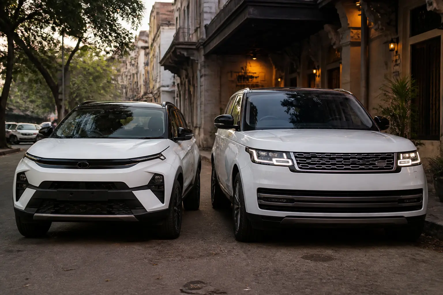Tata Nexon и Range Rover рядом на улице индийского города