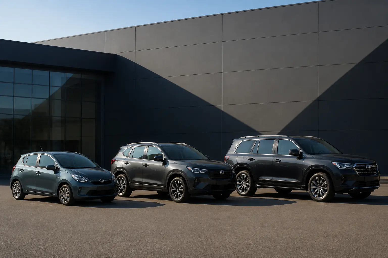 Разные модели Tata Motors возле современного дилерского центра