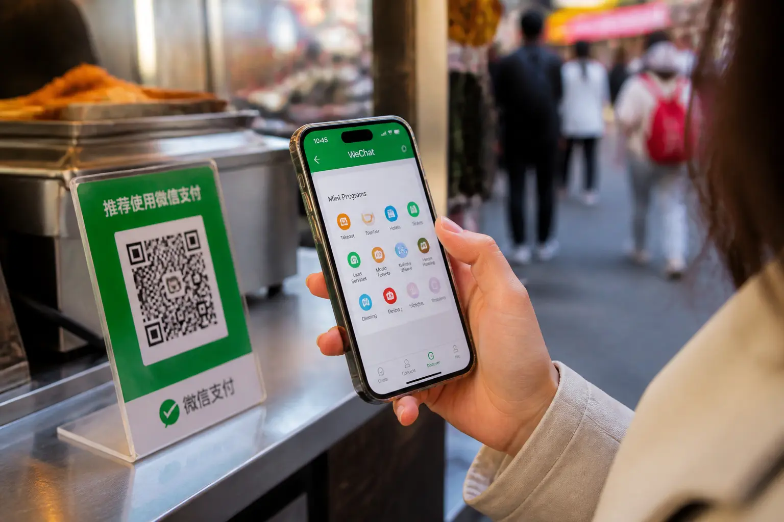 Пользовательница WeChat сканирует QR-код на улице Шанхая
