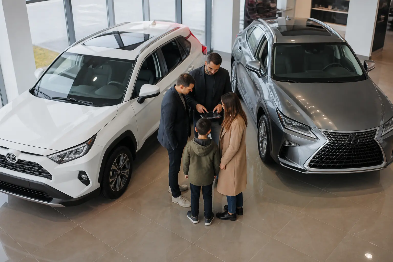 Семья выбирает между Toyota и Lexus в автосалоне