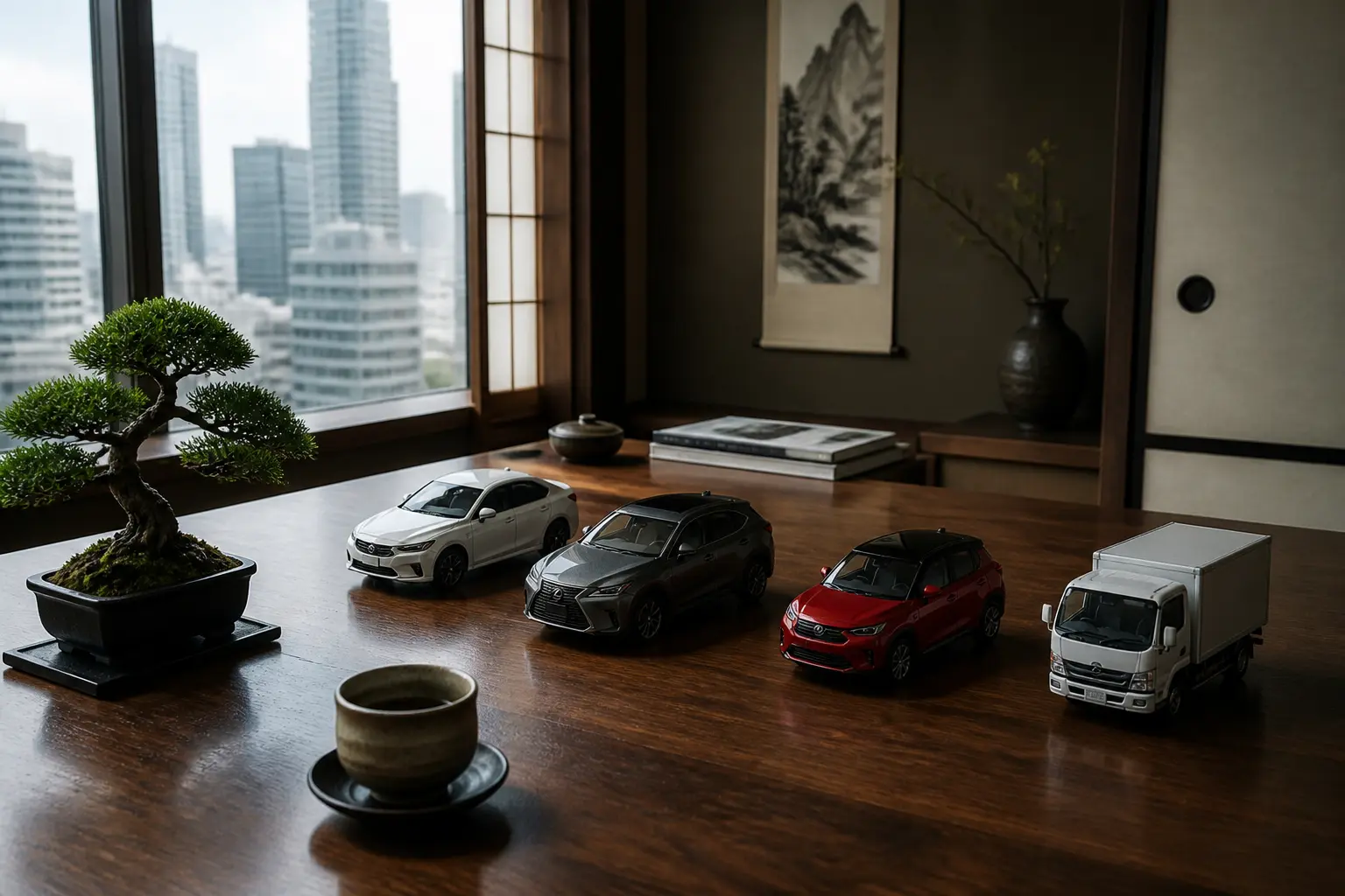 Миниатюрные модели автомобилей Toyota, Lexus, Daihatsu и Hino на столе в японском стиле