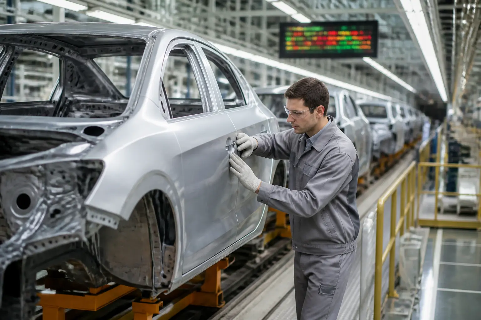 Рабочий проверяет кузов автомобиля на конвейере по системе TPS