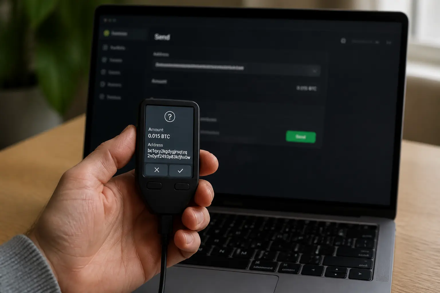 Подтверждение транзакции на экране Trezor
