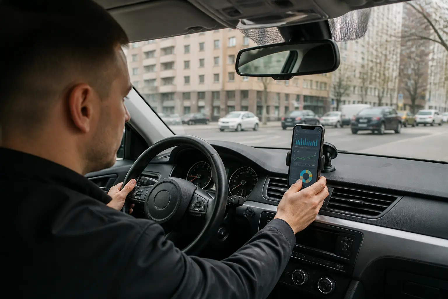 Водій переглядає застосунок із замовленнями на смартфоні в автомобілі