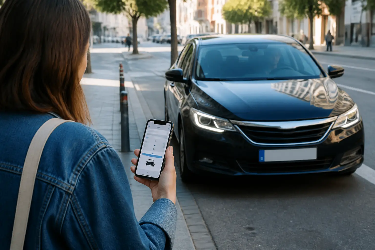 Пасажир звіряє автомобіль із даними замовлення у смартфоні перед посадкою
