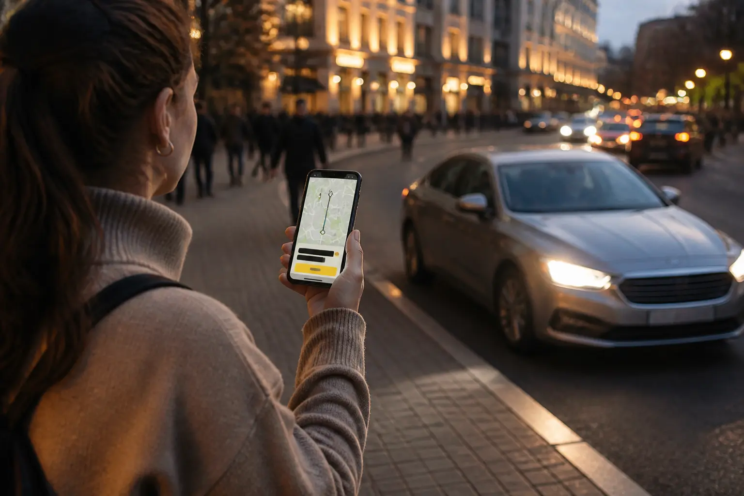 Людина зі смартфоном замовляє автомобіль на вечірній вулиці українського міста