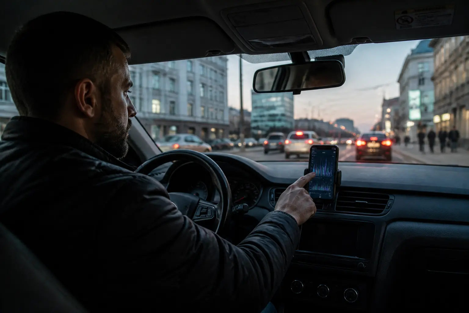Водій перевіряє заробіток у застосунку на смартфоні в автомобілі