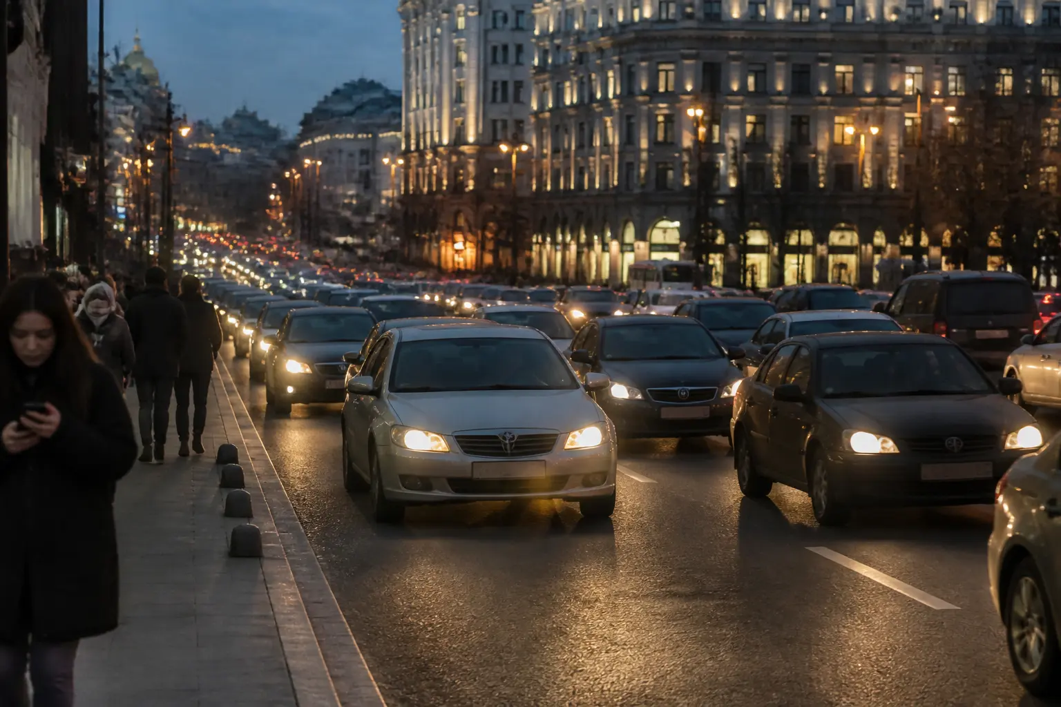 Вечірній трафік у центрі українського міста з автомобілями та пасажирами