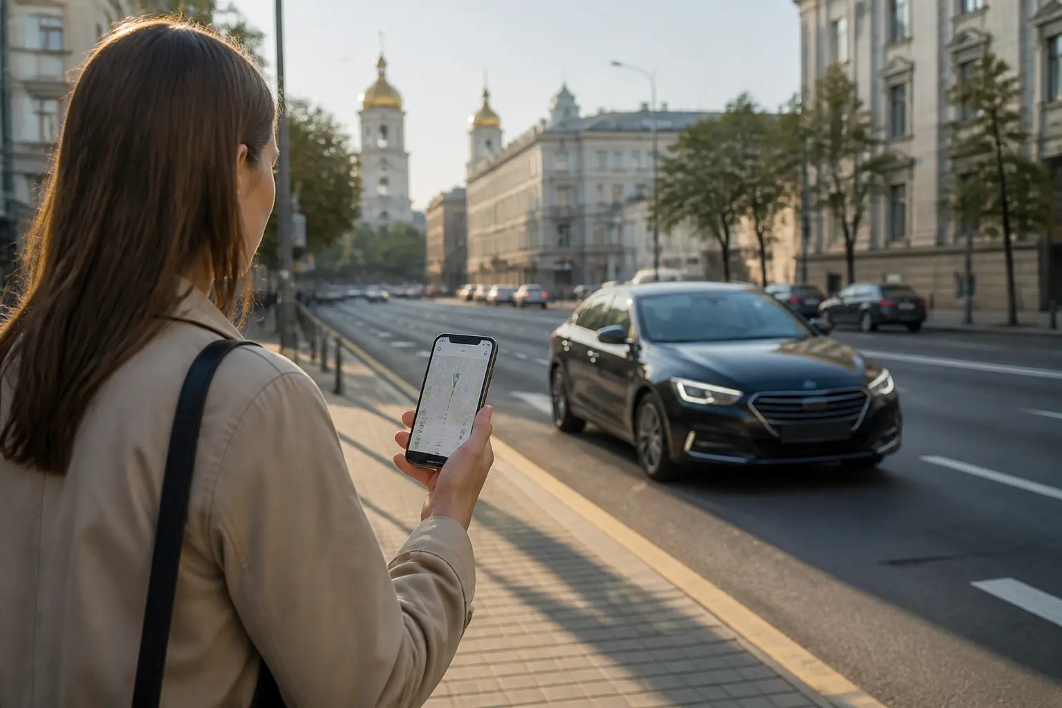 Людина зі смартфоном викликає авто через застосунок на вулиці Києва