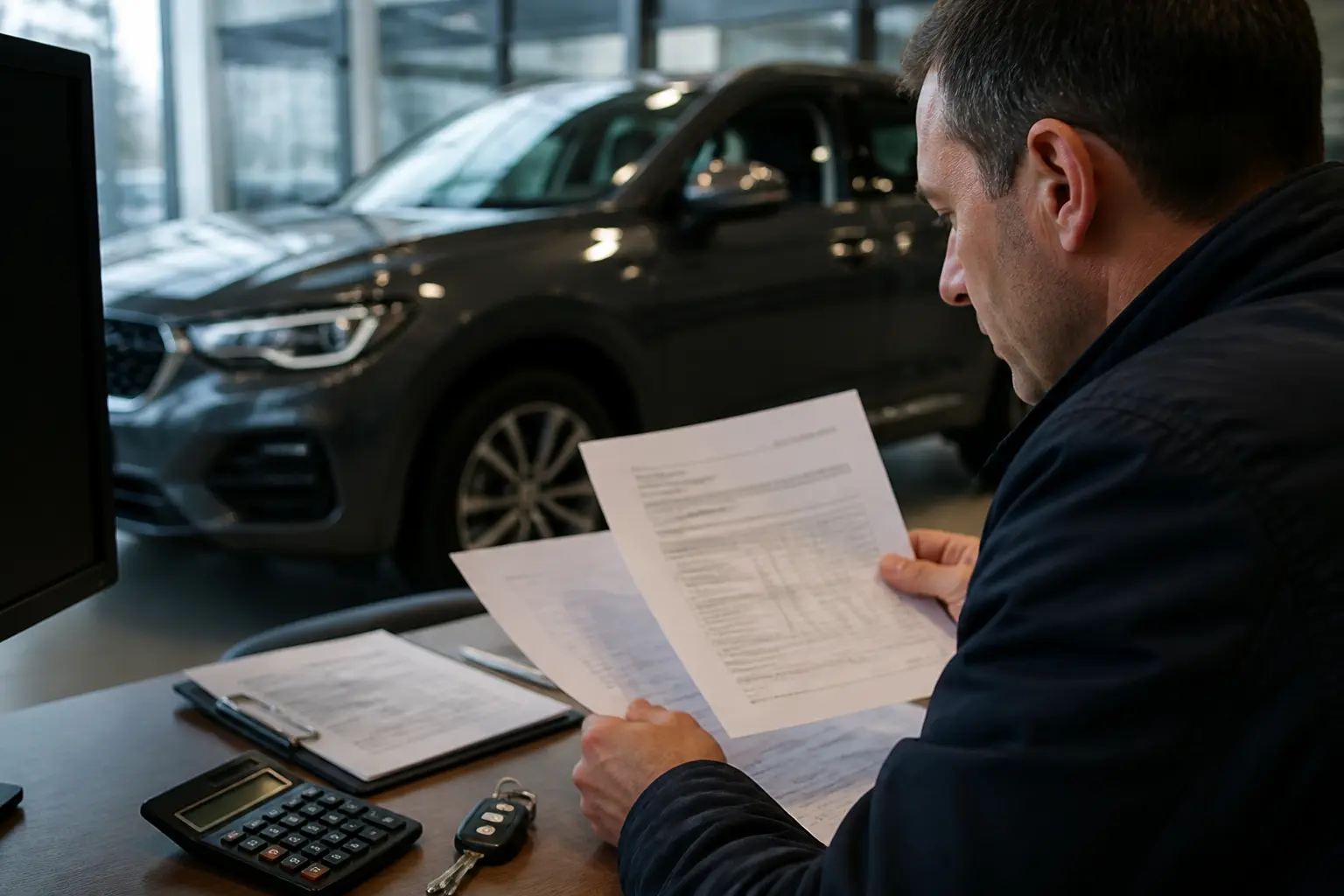 Покупець розглядає пропозицію та розрахунок вартості авто в салоні
