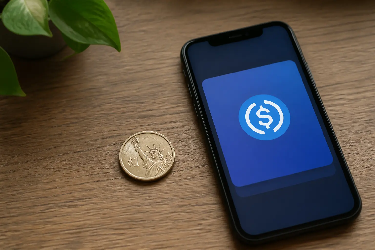 Смартфон із символом USDC поруч із доларовою монетою