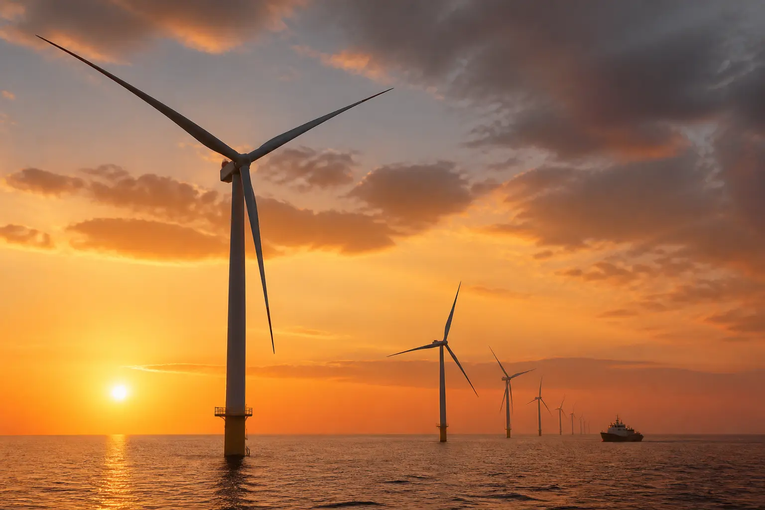 Офшорний вітропарк із турбінами Vestas на заході сонця