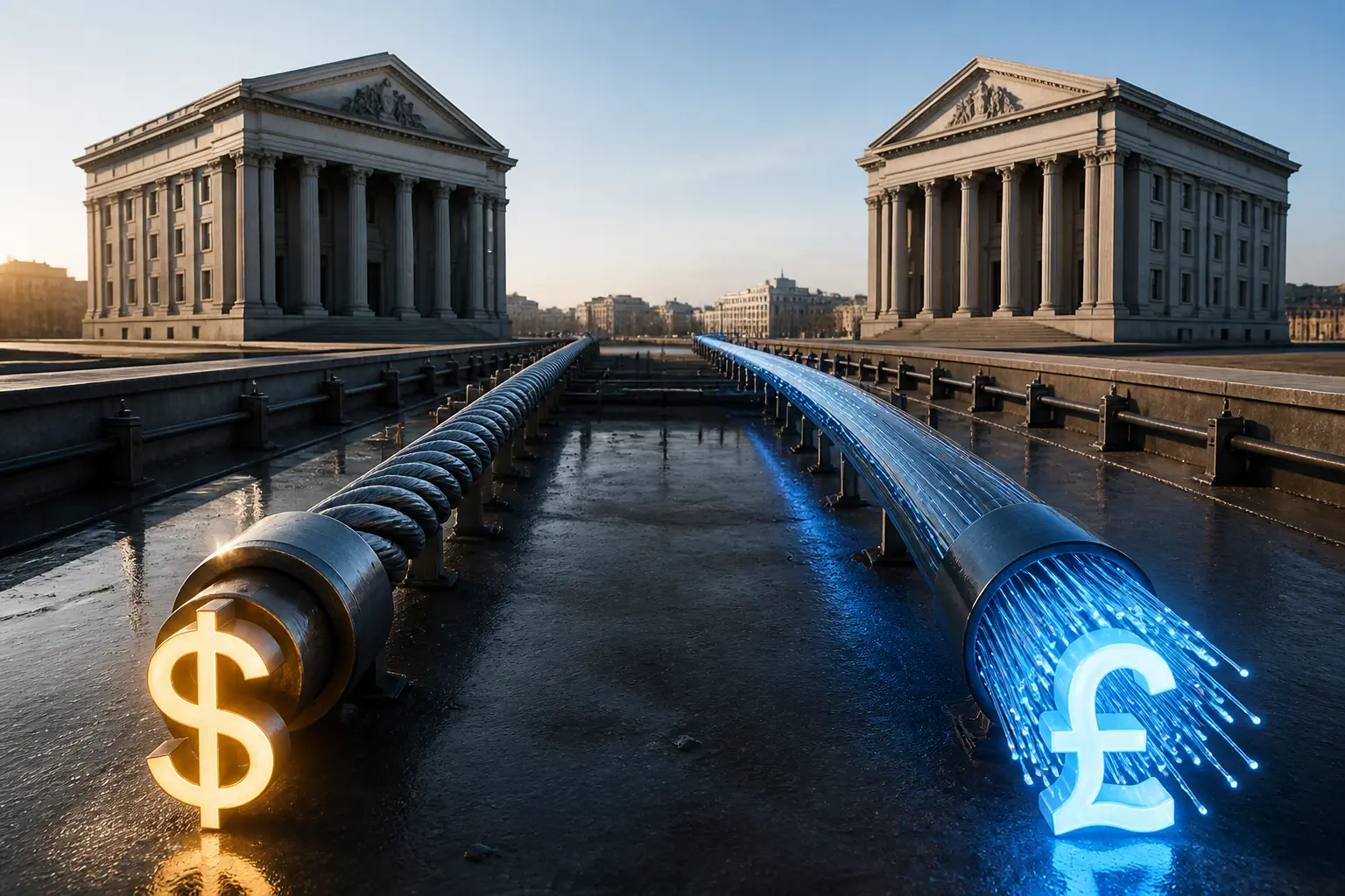 Металевий кабель для Fedwire та оптоволокно для Faster Payments на тлі банківських будівель
