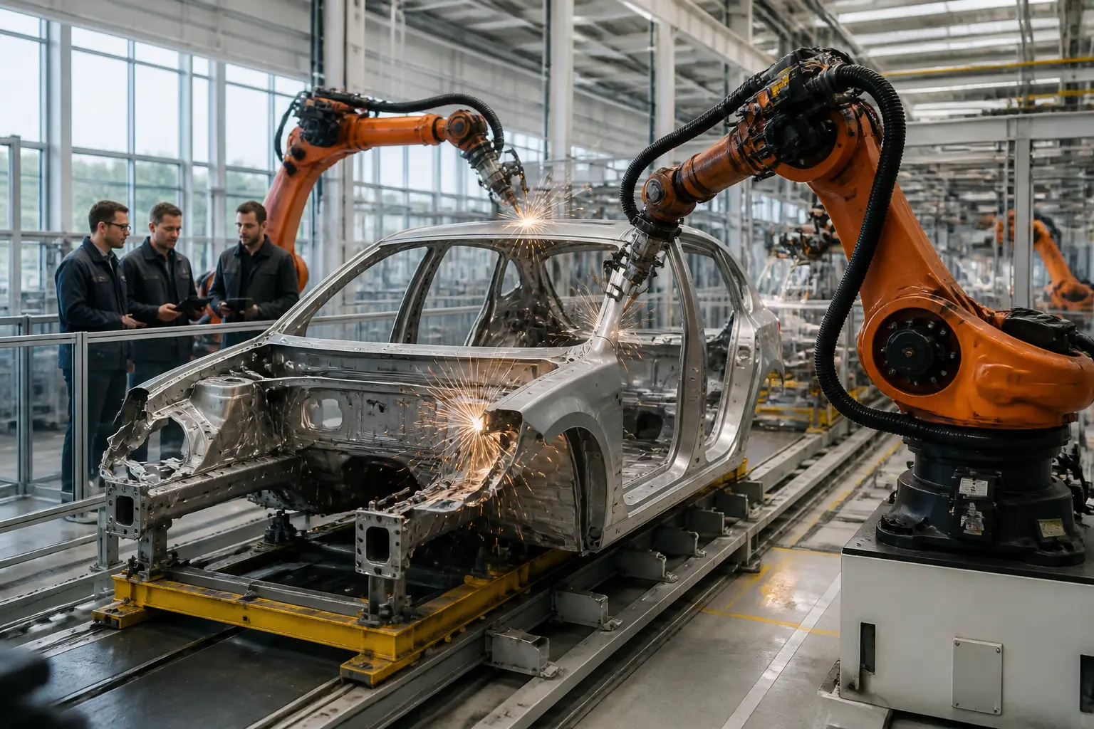 Роботизированная линия сборки кузова автомобиля на конвейере