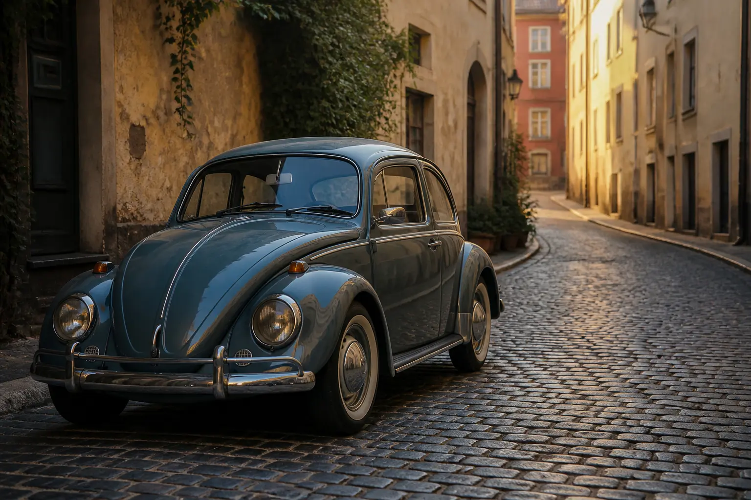 Классический Volkswagen Beetle на улице старинного европейского города